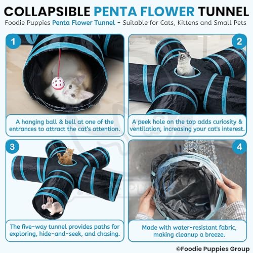 Image of Foodie Puppies Interactive Foldable Hiding 5-Way Straight Tunnel with Hanging Ball for Cats (Penta Flower Tunnel) | Puzzle & Training Cave Suitable for Cat, Kitten, Rabbit, Guinea Pig & Puppies