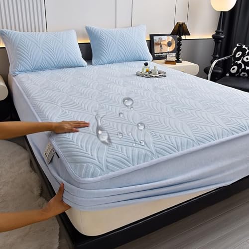 Daesar Conjunto Bajera con Elástica con 2 Fundas de Almohada,Color Sólido con Patrón de Hojas Terciopelo Bajeras Cama Azul Claro,150 x 200 CM