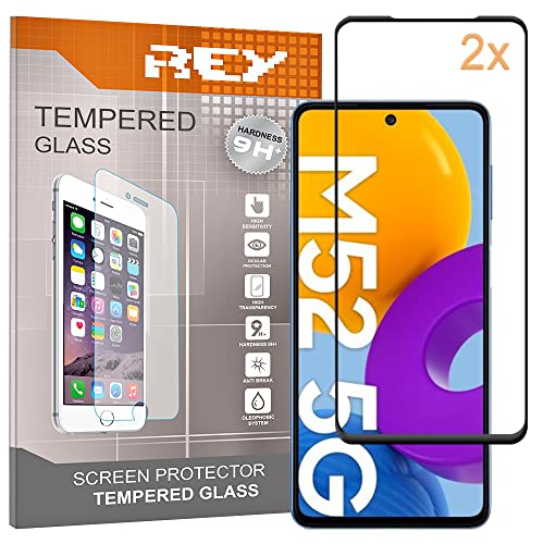 REY 2X Protector de Pantalla Curvo 3D para Samsung Galaxy M52 5G, Negro, Protección Completa, 3D / 4D / 5D