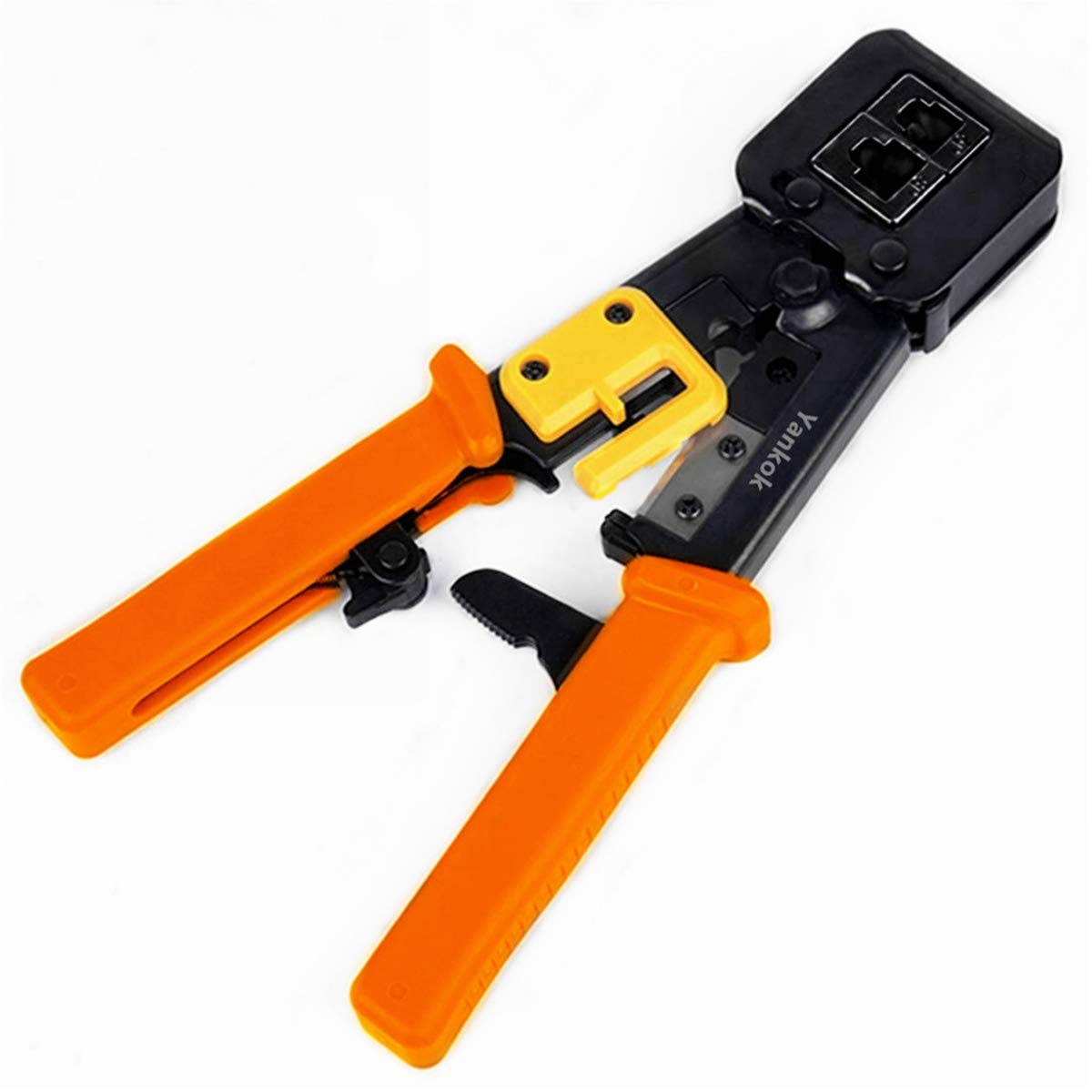 Yankok [Zaciskarka przelotowa] z zestawem ostrzy do 4P6P8P CAT5e CAT6 RJ11 RJ12 RJ45 STP/UTP okrągły płaski kabel Ethernet modułowe narzędzie do zaciskania YKCR011 pomarańczowy
