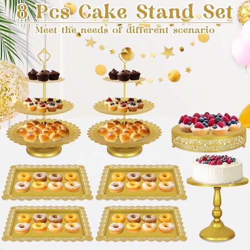 Fivenl 8 Pcs Cake Stand Gold Metal Dessert Table Display Set, 3-Tier Cupcake Stand, Cake Display Tower and Cookie Tray Rack Serving Tray for Birthday Party, Weddings, Baby Shower (Gold) - Image 8