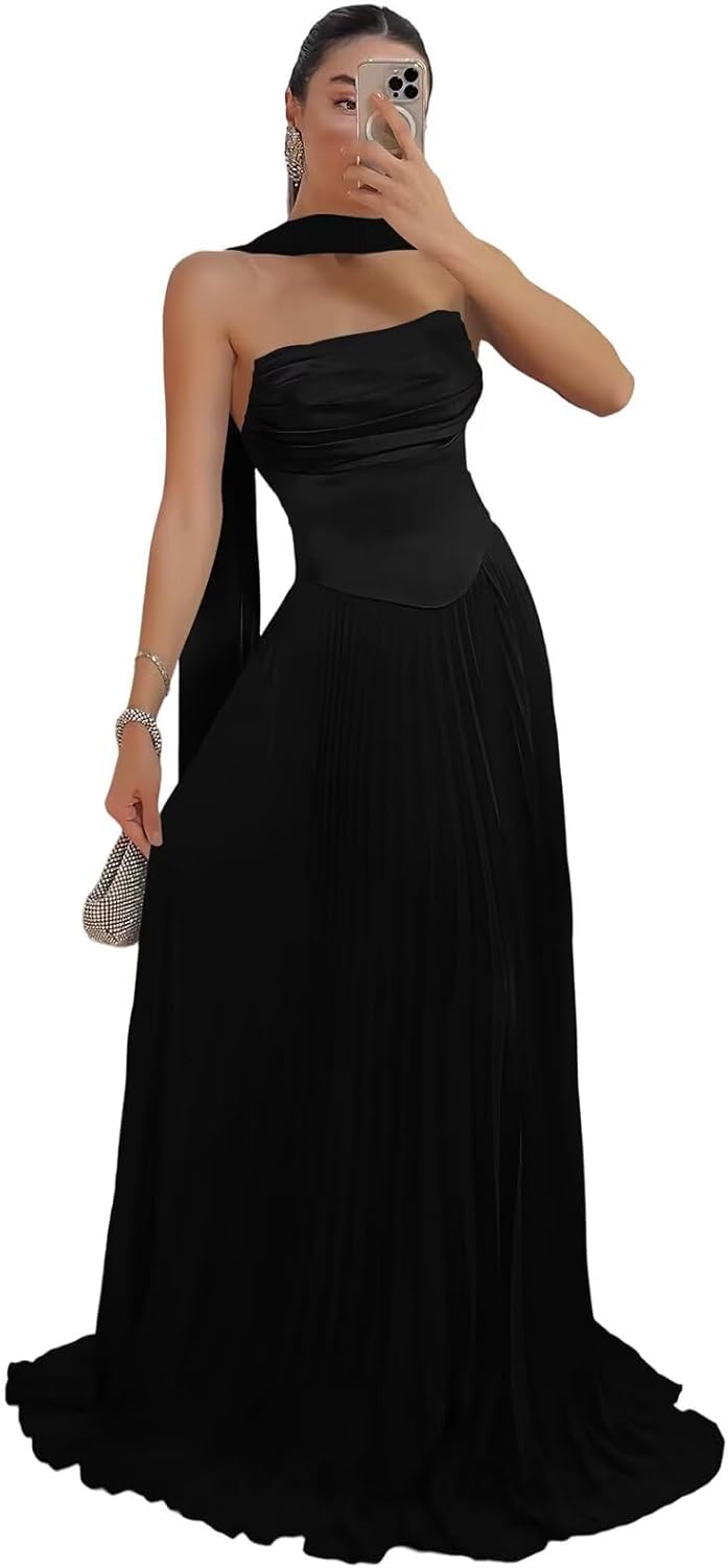 Strapless Long Bridesmaid Dresses for Women 2026 Pleated Chiffon Flowy A Line Satin Wedding Guest Dresses with Scarf