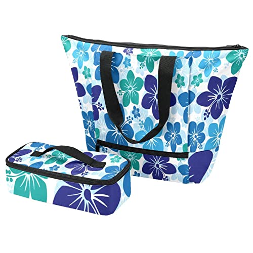Grand sac fourre-tout motif hibiscus bleu violet avec lunch box isotherme assortie