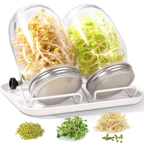 FoiiLiio Kit de Germinador de Semillas, 2 x 1000ml Frascos de Germinación, Incluye 2 Tapas de Colador de Acero Inoxidable, 2 Soportes, 1 Blanco Bandeja, Conjunto de Germinador