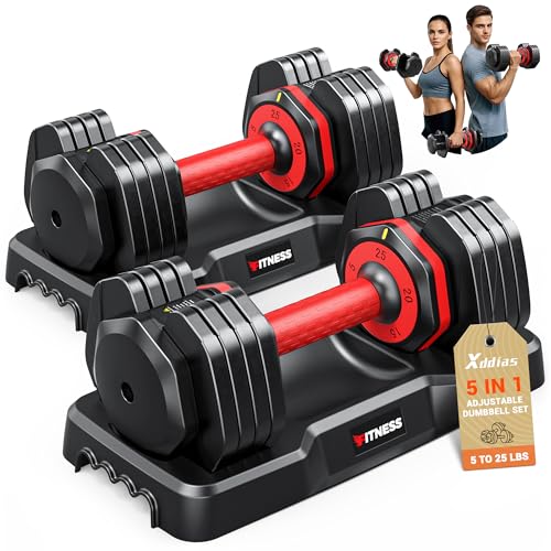 XDDIAS Adjustable Dumbbells Set of 2-25LB/55LB Dumbbells Set-1Sec Adjustable Weights-5 in 1 Free Weights Dumbbells Set with Effortless Tray/No-Slip Handle-Compact Size for Women/Men at Home Gym