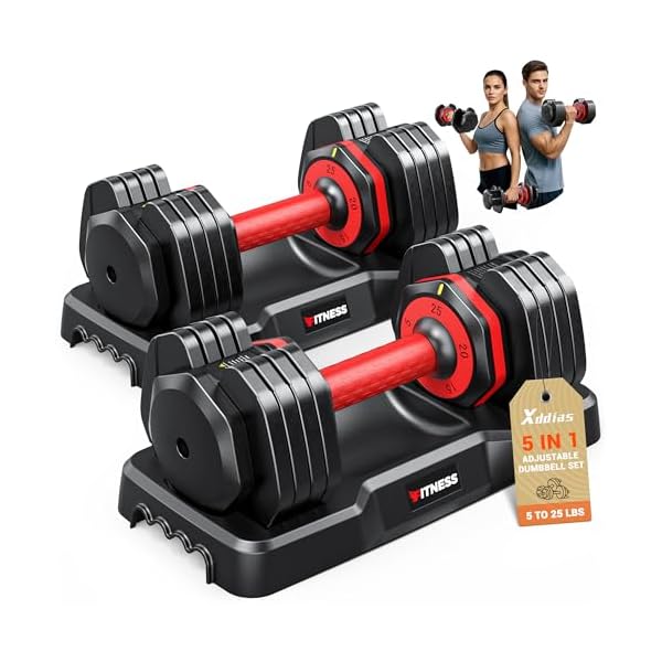 XDDIAS Adjustable Dumbbells Set of 2-25LB/55LB Dumbbells Set-1Sec Adjustable Weights-5 in 1 Free Weights Dumbbells Set with Effortless Tray/No-Slip Handle-Compact Size for Women/Men at Home Gym