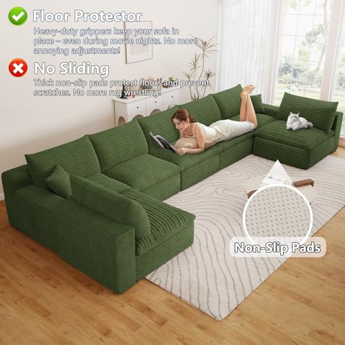 Image of 165 inch Cloud Couch Modular Sectional Sofa for Living Room, U-Shape Boneless Couch with Deep Seat, Modern Corduroy 7-Seater, No Assembly Required, Green