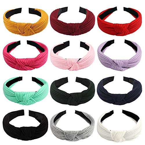 TOBATOBA 12 Pieces Wide Headbands Knot Turban Headband for Women Hair Band Elastic Hair Accessories, 12 Colors