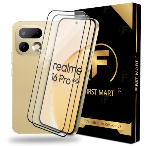 Image of FIRST MART Tempered Glass Screen Protector for Realme 16 Pro - Full-Glue Screen Guard, 3D Edge to Edge, HD Clear, Bubble-Free, Case-Friendly, Black, Pack of 2