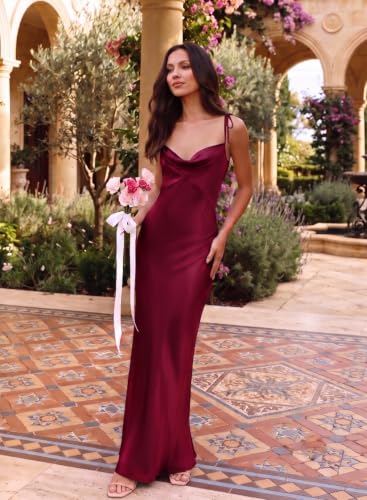 Image of 2026 Satin Cowl Neck Spaghetti Strap Maxi Dress for Women Bridesmaid | Silk,Tie Strap,Slip,Slit,Midi,Wedding Guest,Graduation,Elegant,Cocktail,Vacation,Party