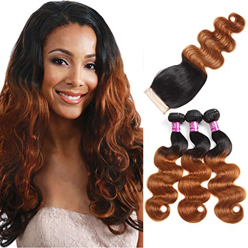 10A Brazilian Hair With Closure Brazilian Body Wave With Closure Ombre 3 Bundles Blonde Human Hair Weave With Lace Closure (18"20"22"+Closure16)
