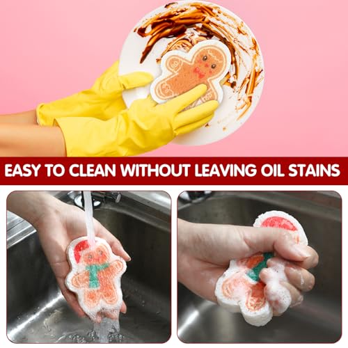 Image of Layhit 12 Pcs Christmas Dish Sponges Cute Kitchen Non Scratch Scrub Sink Sponges Wood Pulp Reusable Household Cleaning Cloth for Kitchen Dishes Furniture(Gingerbread Man)