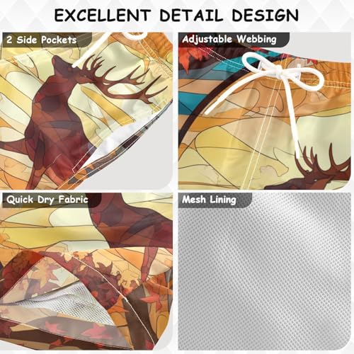 Boys Quick Dry Swim Trunks with Pockets Stained Glass Maple Leaf Deer Beach Shorts for Kids Toddler Swimsuit3
