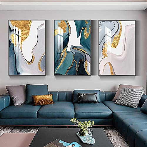 Toile art moderne feuille d'or rivière bleu 3 pièces 40x60cm - 2
