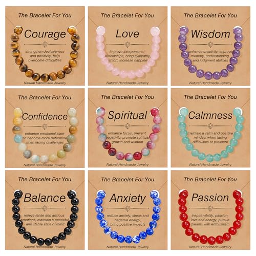 COLOYAN 9PCS Stone Beads Bracelet for Women Men Semi-Precious Gemstones Bracelets Healing Crystal Bracelet 8mm Beads Stretch Elastic Bracelets
