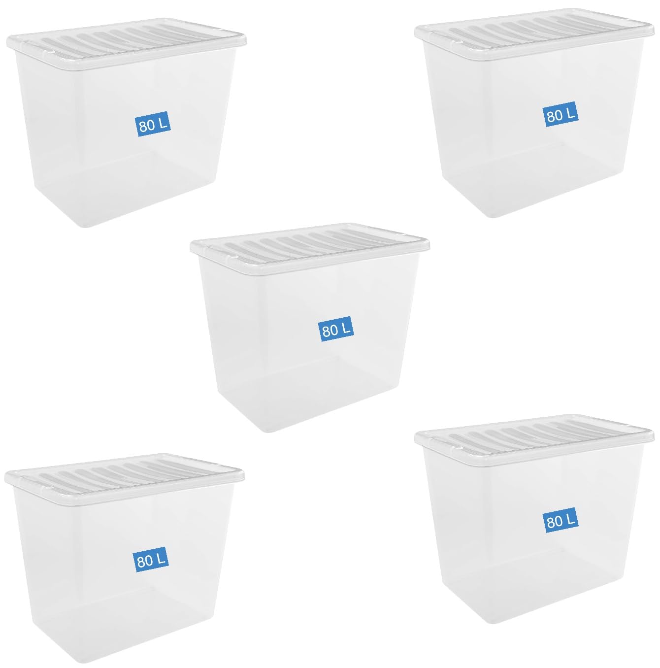 FINE STAR Set of 5 Crystal Clear Plastic Storage Box Boxes With Lids UK BRITISH MADE Home Office Stackable Nestable Shoe Boxes (80 LITRE)