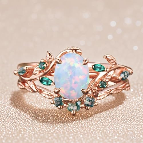 Personalized 1CT White Opal Engagement Ring Set for Women, 10K 14K 18K Solid Gold Leaf Vine Art Deco Wedding Ring Sets Bridal Promise Rings Gift for Her Bride Wife Mother4