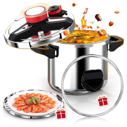 18/8 Stainless Steel Pressure Cooker 6 Quart, [One-Hand Locking] Olla de Presion, [3-In-1] Pressure Cooker, Induction Compatible, Gas Stovetop Compatible,Includes Glass Lid & Steamer