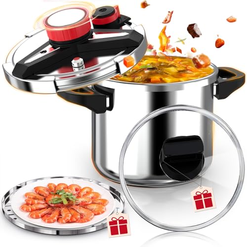 18/8 Stainless Steel Pressure Cooker 6 Quart, [One-Hand Locking] Olla de Presion, [3-In-1] Pressure Cooker, Includes Glass Lid & Steamer, Induction Compatible, Gas Stovetop Compatible by RVGMBO - Used condition - US$78.40