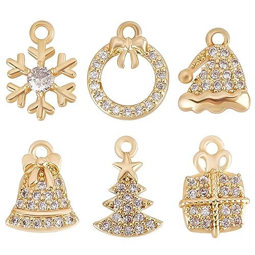 Beebeecraft 12Pcs 6 Style Christmas Charms 18K Gold Plated Trees Snowflake Gift Bell Hat Wreath Cubic Zirconia for DIY Jewellery Making Pendant Bracelet Necklace Craft Supplies