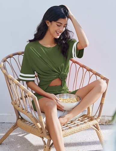 Image of Ekouaer Womens Pajamas Casual 2 Piece Short Sleeve Biker Shorts Lounge Set