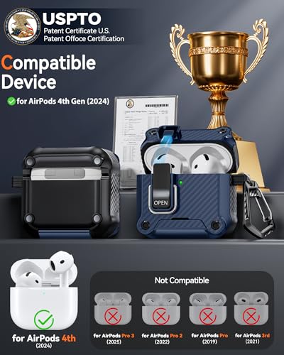 Image of Dual Safety Lock for AirPods 4 Case 2024, Compatible with MagSafe - Designed with Automatic Switch and Phone Stand, Includes a Cleaner & Keychain - Rugged Tough Hard Shell for Apple AirPods 4