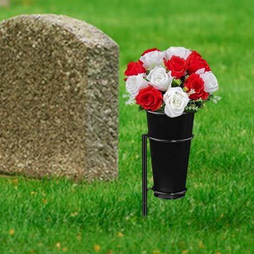 Cemetery Vase Flower Holder, Metal Detachable Black Memorial Floral Vase with Stake, Outdoor Lawn Flower Arrangement Stand, L image 2