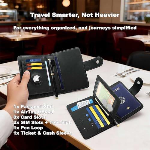 Image of Passport Holder for Travel, RFID Blocking Leather Airtag Wallet for Women Men, Large Passport Cover Essentials Gift, Tickets, Cash, Photo, Sim Card Pen Slot - Black