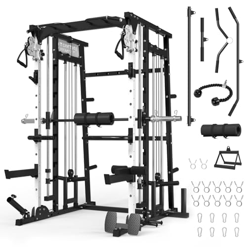 Pitmoto Smith Machine,2200lbs All-in-One Home Gym Power Cage with Weight Bar and Two LAT Pull-Down Systems and Cable Crossover,Multi-Function Squat Rack for Home Gym Training (White)