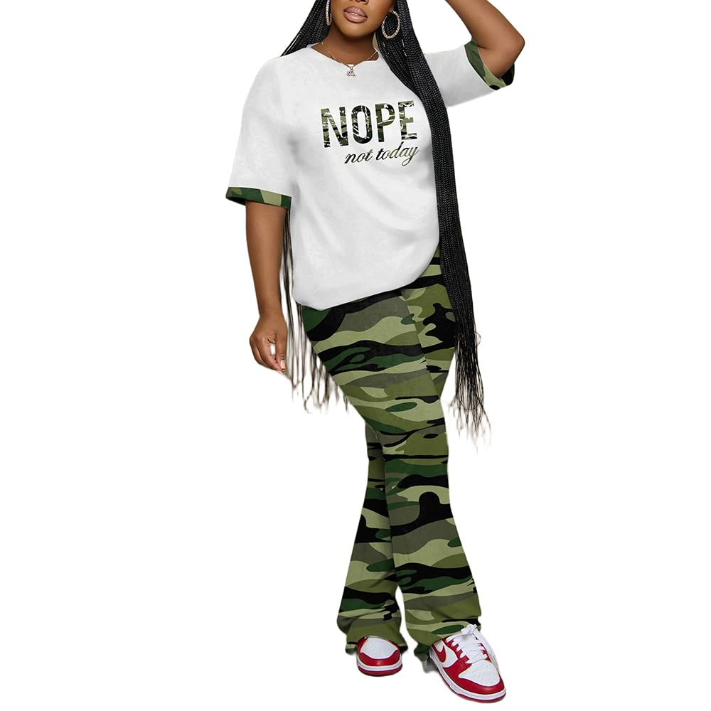 PINSV Women 2 Piece Outfits Short Sleeve Top and Flare Pants Lounge Sets Tracksuit