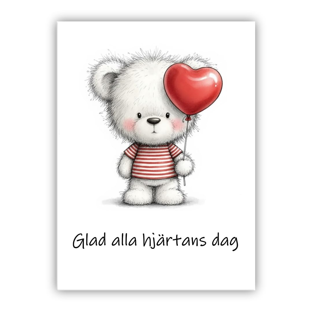 Multilingual Valentine’s Day Card – Cute Bear with Heart Balloon – Romantic Greeting Card for Husband, Wife, Boyfriend, Girlfriend (• Swedish: Glad alla hjärtans dag)