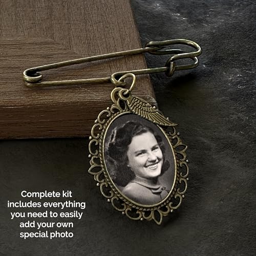 Image of Bronze Wedding Bouquet Photo Charm Pin Antique Gold Angel Wing Memorial Charm for Bride's Bouquet Add Your Own Picture