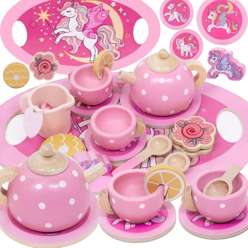 Unicorno Set da Tè Giochi in Legno, Accessori Cucina Bambini Legno, Gioco Ruolo Tea Party Montessori Educativo,...