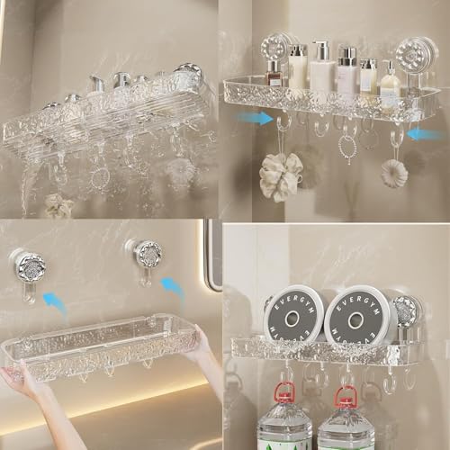 Image of Bathroom Corner Shelf for Wall with Strong Suction Cups - Transparent Acrylic Triangle Storage Rack with Utility Hooks, No-Drill Bathroom Organizer for Shampoo, Soap & Accessories (Rectangular 2 Pcs)