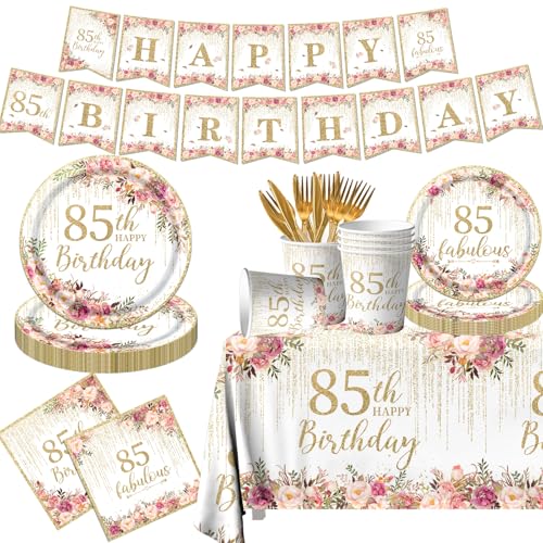 OGMOGKW 85th Birthday Party Tableware 142Pcs Rose Gold & Pink Floral 85th Birthday Decorations for Women Includes Plates Napkins Tablecloth Cup Banner Cutlery
