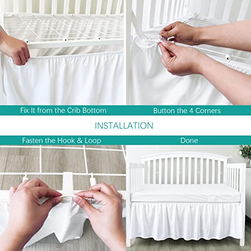 Image of Crib Bed Skirt 14 inch Drop, Fits 28 inchx52 inch Crib, Adjustable, White | 4-Sided Design, Adjustable Elastic Straps, Soft Polyester, Fade & Shrink Resistant, Machine Washable, Fits Standard Cribs