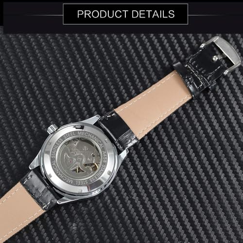 Carlien Men's Sport Date Black Leather Strap Automatic Self Winding Watch (Black)