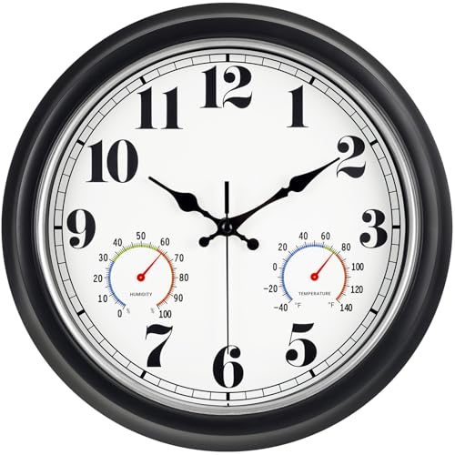 45MinST 13-Inch Vintage Outdoor Wall Clock with Thermometer and Hygrometer, Waterproof, Large Numbers, Silent, for Indoor and Outside Use,Porch,Garden,Pool(Black Frame with Silver Trim)
