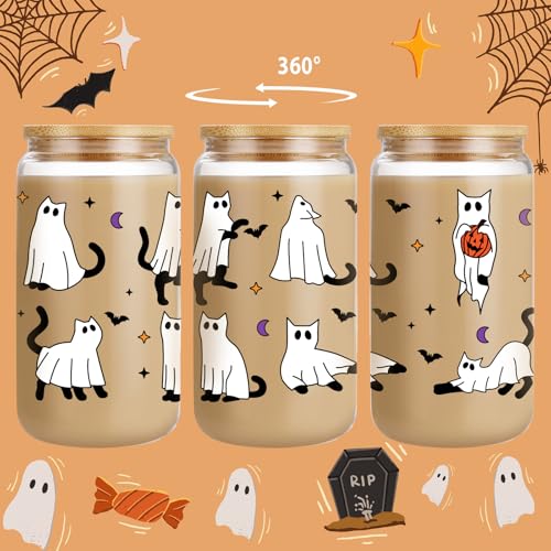 LEADO Cat Ghost Iced Coffee Cup, Halloween Glass Cups with Lids and Straws, 16 oz Cute Bat Spooky Glass Tumbler - Boo Basket Stuffers, Halloween Fall Gifts for Cat Lover, Women, Adults, Girls - Image 3