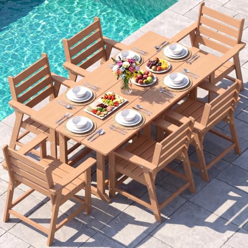 Image of 7-Piece Dining Set, HDPE Table & 6 Chairs,Cedar | HDPE Dining Set: 69.1 inch Table + 6 Chairs, 380 lbs, 304 Stainless, All-Weather, No Rust No Crack, Outdoor Patio Garden