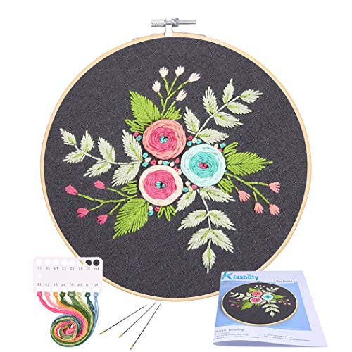 Full Range of Embroidery Starter Kit with Pattern, Kissbuty Cross Stitch Kit Including Embroidery Cloth with Floral Pattern, Bamboo Embroidery Hoop, Color Threads and Tools Kit (Colored Roses)