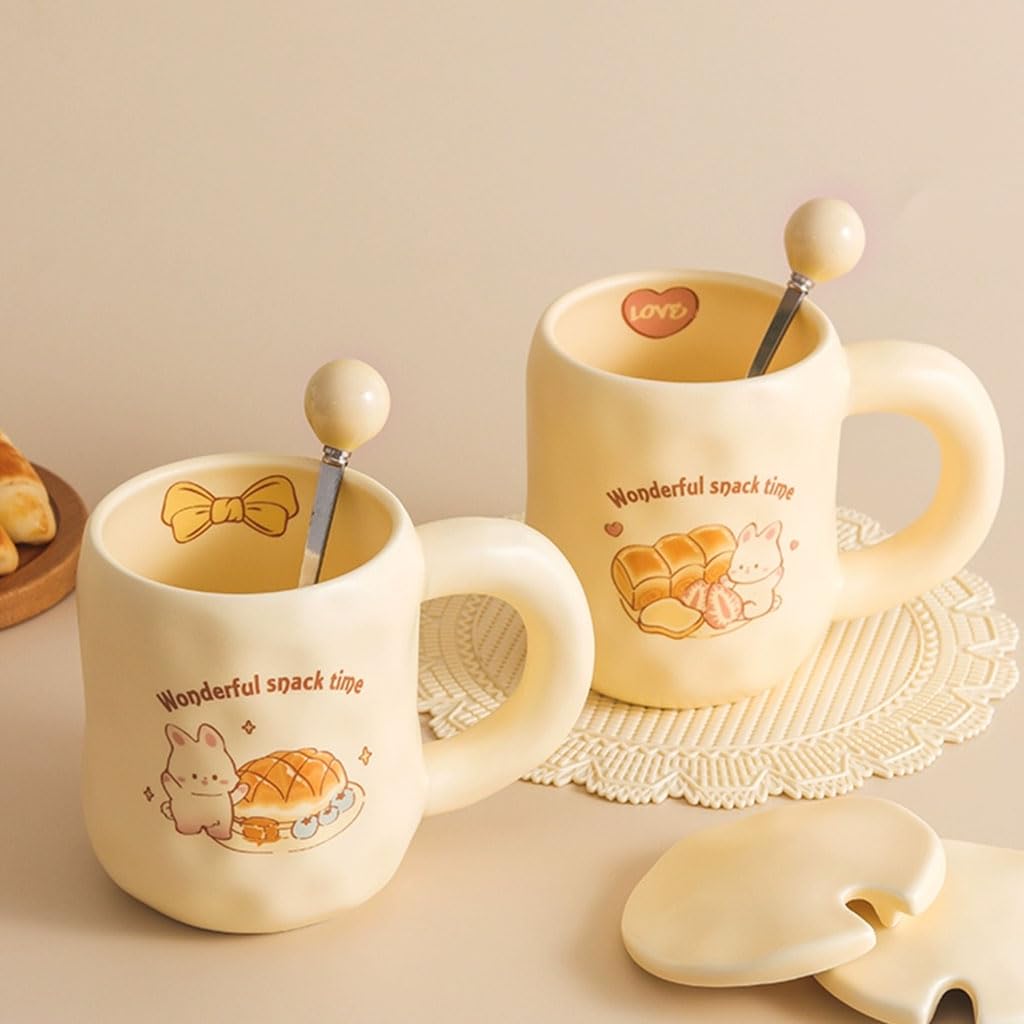 Juego de Tazas de café de cerámica Color Caqui, Redondas, Grandes, con Tapa y Cuchara, para Oficina, para Hombres y Mujeres, 480 ml/16,2 oz