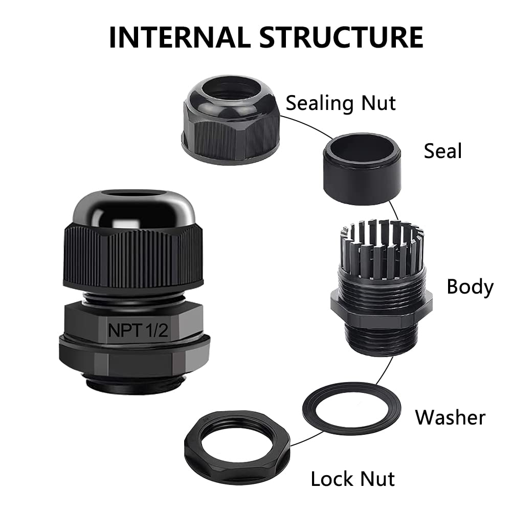 AIRIC 1/2" NPT Cable Glands Waterproof Connector Strain Relief Cord Grips — Amazon image 3