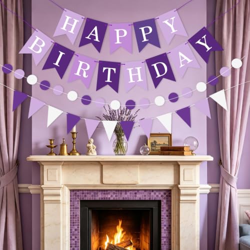 Image of Purple Happy Birthday Banner Hanging Sign Circle Dot Triangle Bunting