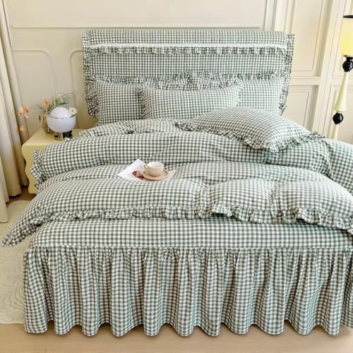 Image of LifeTB Queen Comforter Set Green Gingham Comforter Vintage Ruffle Checkered Pattern Comforter Set Chic Grid Plaid Bedding Comforter Lightweight Fluffy Soft Gingham Bedding Set Queen Breathable