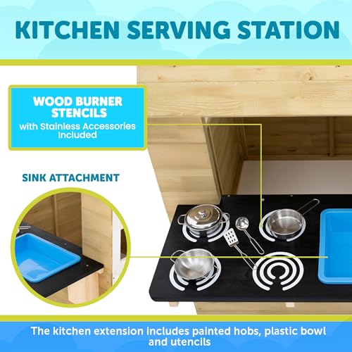 Image of TP Toys Outdoor Kids Kitchen Playset Wooden Playhouse for Kids - Toddler Pretend Play Kitchen, Accessories, Sturdy, Weatherproof, Door, Windows, Sink, Wood Burner Stencils, Easy Assembly, Ages 3+