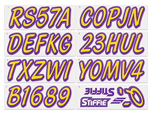 Image of STIFFIE Whipline Solid Yellow /Purple 3 inch Alpha-Numeric Registration Identification Numbers Stickers Decals for Boats & Personal Watercraft