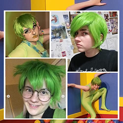 Alacos Short Fashion Spiky Layered Anime Cosplay Wig Halloween Christmas Carnival Dress Up Pretend Play Party Wig+Cap (Green) #TOP1