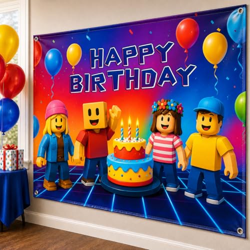 Image of Video Game Birthday Decorations Happy Birthday Banner for Boys 6x4ft Pixel Backdrop Villager Gaming Birthday Party Decorations Video Game Backdrop for Kids Miner Boys Birthday Party Decorations