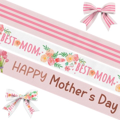 3 PCS Happy Mothers Day Grosgrain Ribbons 3/5 Pink Flower Decor Ribbons 15 Yards Best Mom Craft Ribbon for Mothers Day Decoration Holiday Mothers Day Gift Packaging DIY Supplies